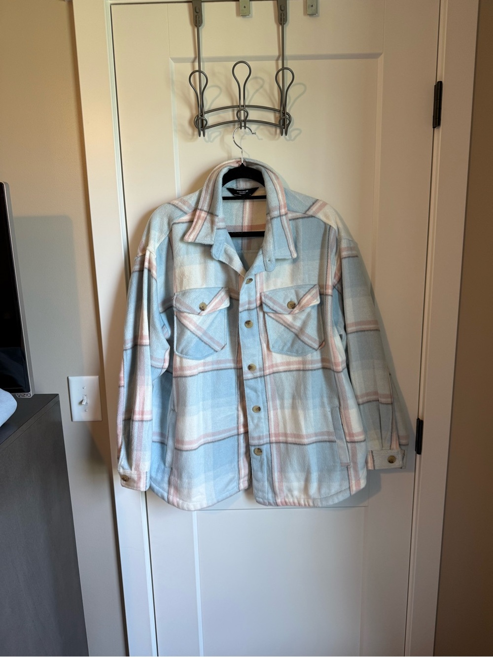 Light Blue Plaid Button-Front Shacket Jacket